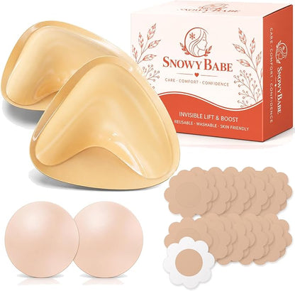 SNOWY BABE Sticky Insert Bra, Silicone Adhesive Bra Cups with Nipple Covers, Strapless Bra Inserts for Dresses and Backless Outfits Beige