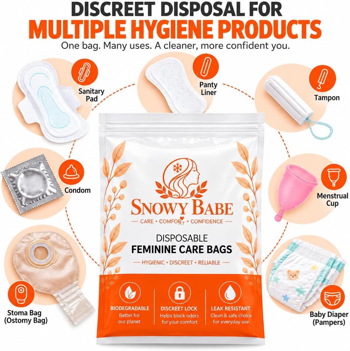 Snowy Babe Feminine Hygiene Disposal Bags – Self-Adhesive Sanitary Bags for Tampons, Pads & Liners
