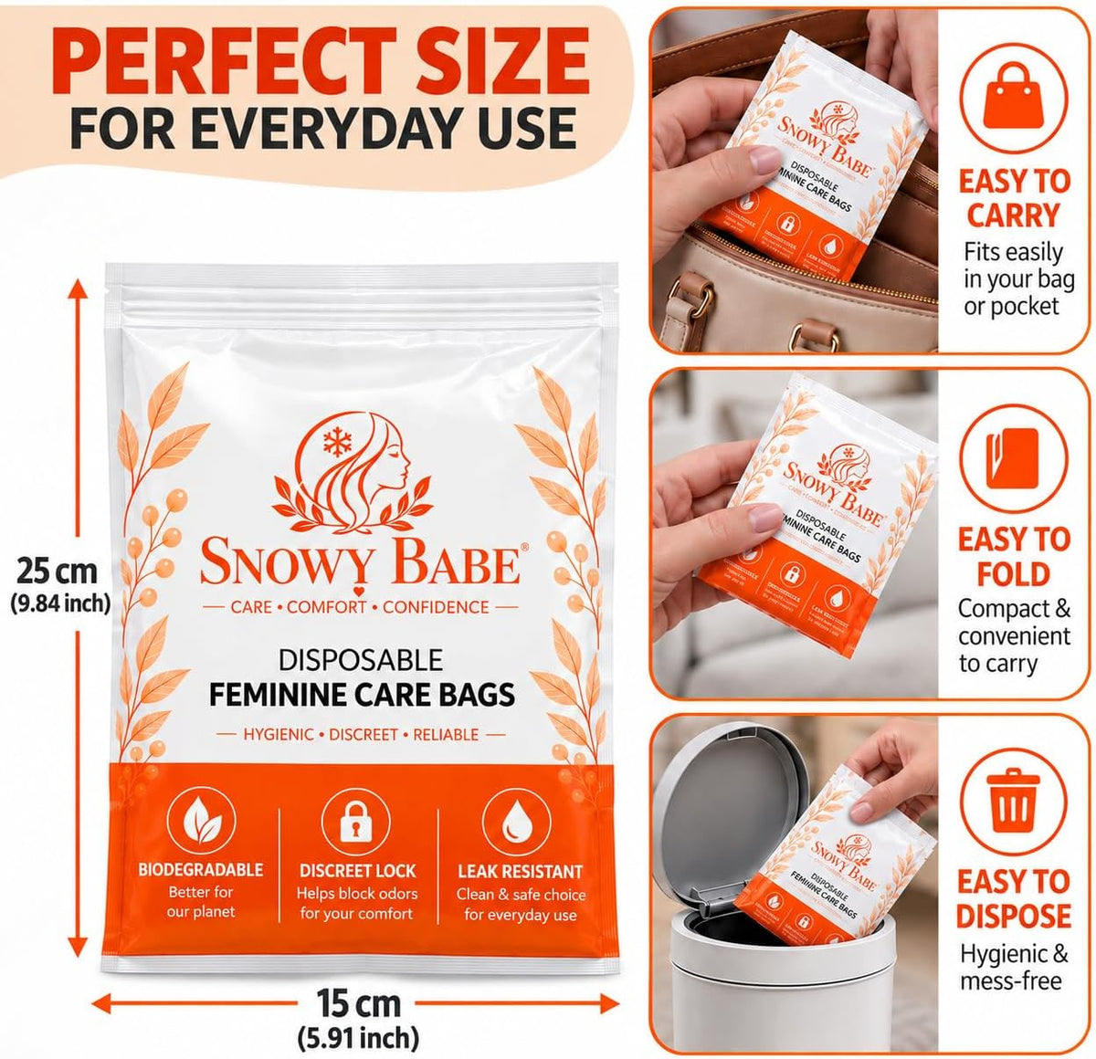 Snowy Babe Feminine Hygiene Disposal Bags – Self-Adhesive Sanitary Bags for Tampons, Pads & Liners