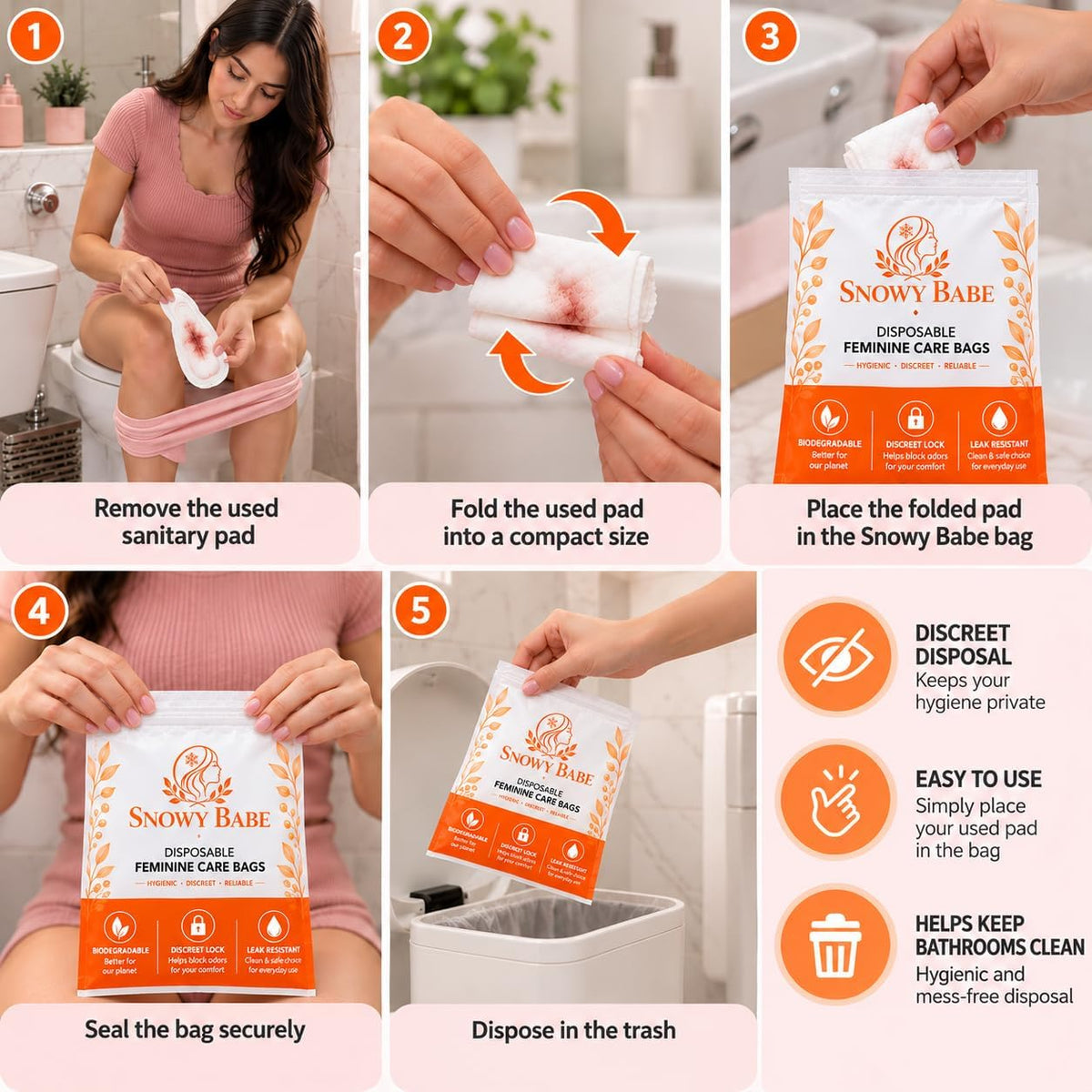 Snowy Babe Feminine Hygiene Disposal Bags – Self-Adhesive Sanitary Bags for Tampons, Pads & Liners