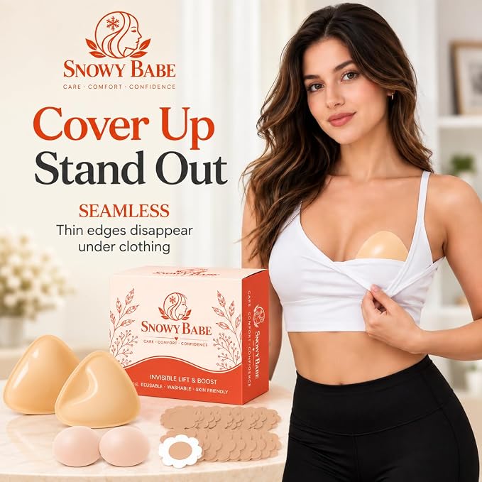 SNOWY BABE Sticky Insert Bra, Silicone Adhesive Bra Cups with Nipple Covers, Strapless Bra Inserts for Dresses and Backless Outfits Beige