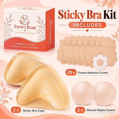 SNOWY BABE Sticky Insert Bra, Silicone Adhesive Bra Cups with Nipple Covers, Strapless Bra Inserts for Dresses and Backless Outfits Beige