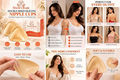 SNOWY BABE Sticky Insert Bra, Silicone Adhesive Bra Cups with Nipple Covers, Strapless Bra Inserts for Dresses and Backless Outfits Beige